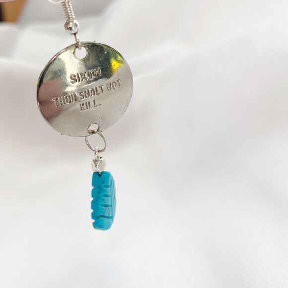 Handmade Upcycled Silver Religious Charm with Turquoise Leaf Dangle Earrings - Picture 3 of 3